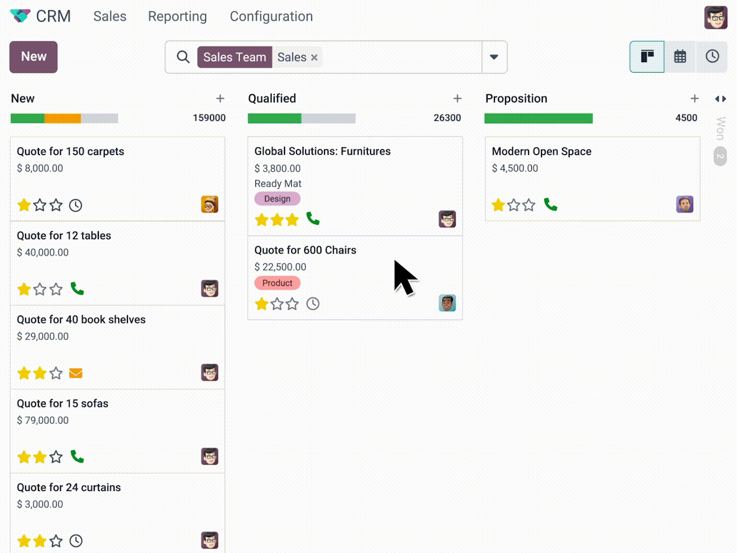 Odoo CRM sales pipeline displayed in kanban view