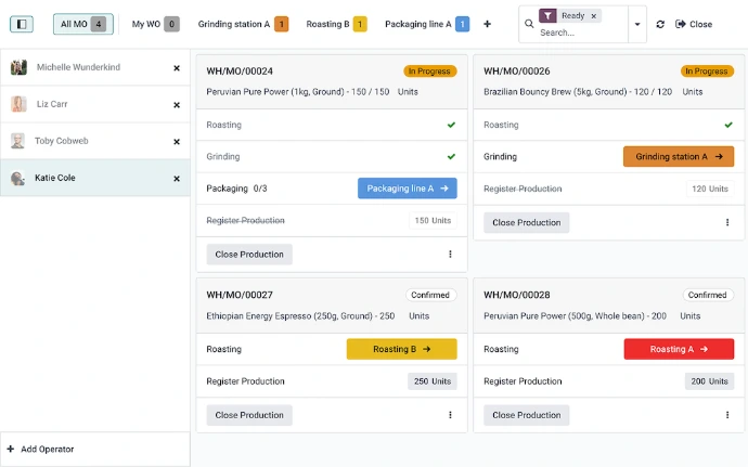 Manufacturing order in Odoo Production with its components and operations