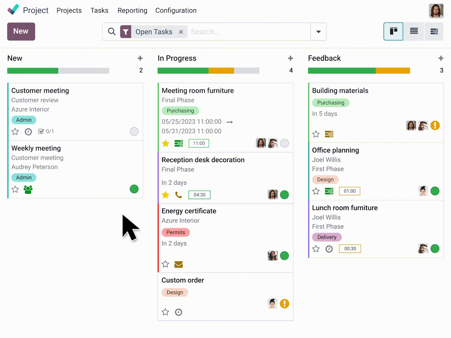 Volgen van een project in Odoo met zijn taken en voortgang