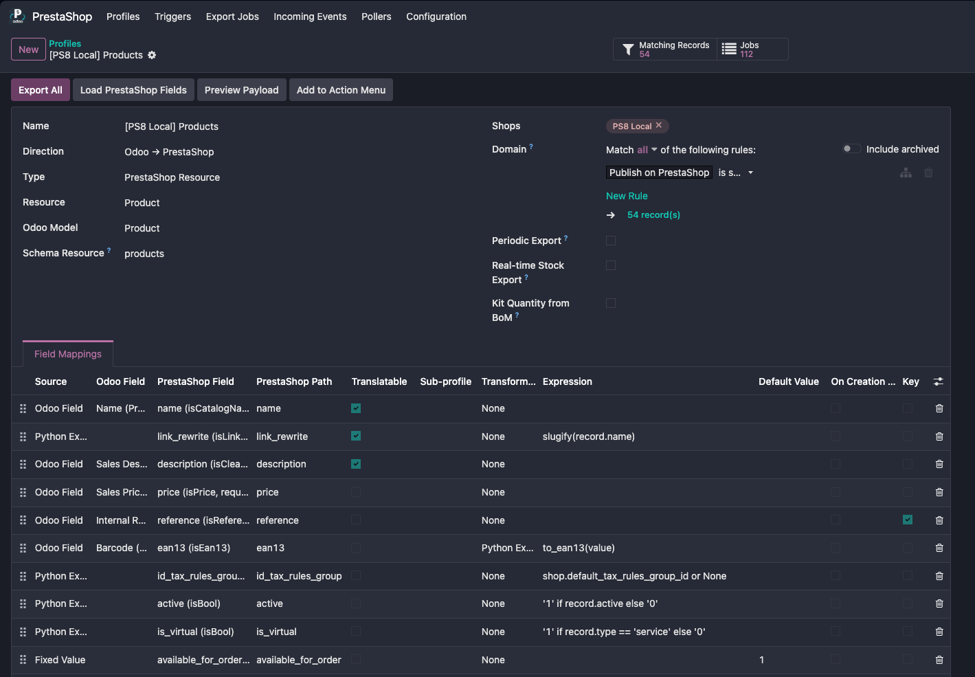 Veldmapping met het PrestaShop-schema geladen in Odoo