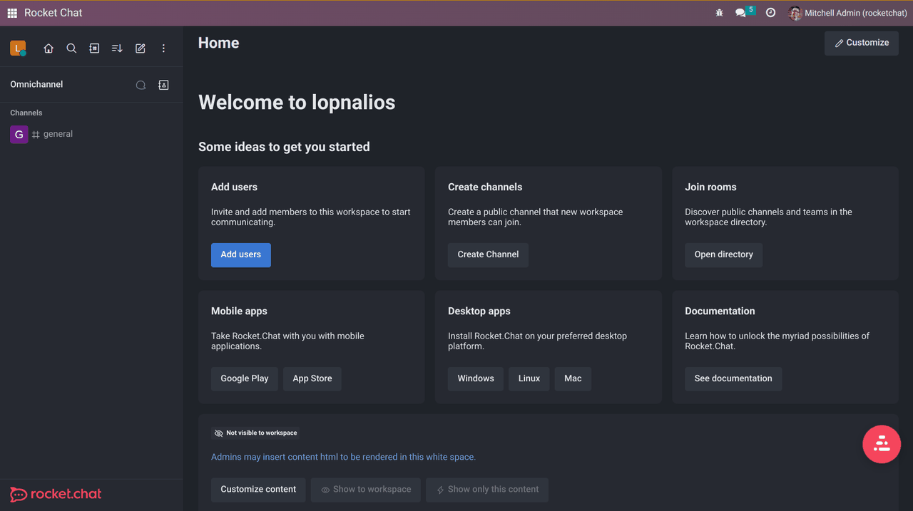 Rocket.Chat-workspace weergegeven in Odoo via de Rocket Chat-app (opgenomen op Odoo 16)