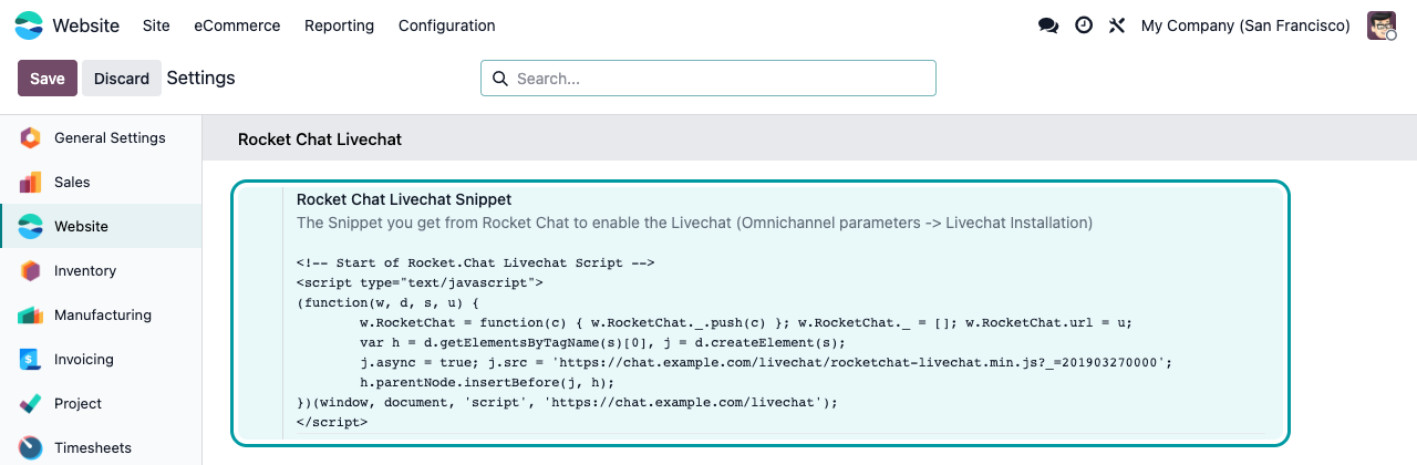 Website-instellingen: het veld Rocket Chat Livechat Snippet met het script gekopieerd uit Rocket.Chat