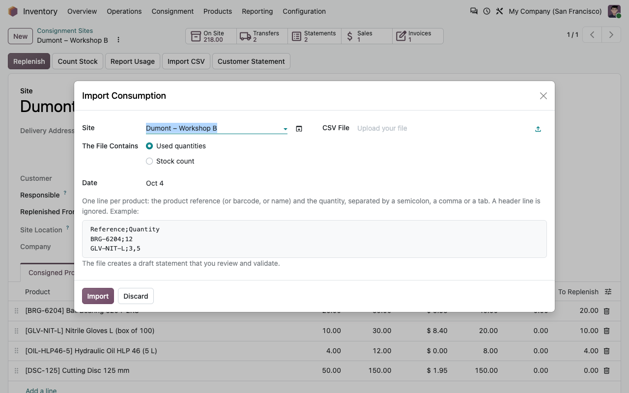 CSV-import van een verbruiksmelding