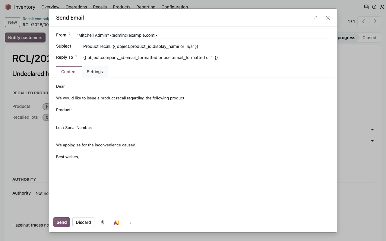 De e-maileditor voor terugroepmails van Odoo 20, geopend vanuit een terugroepactie