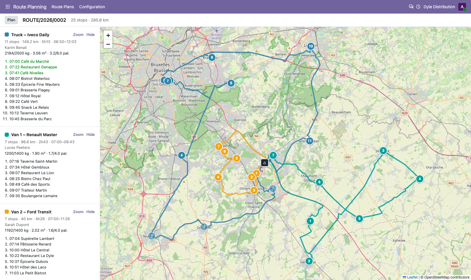 Kaart van de geoptimaliseerde routes