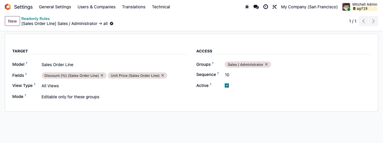 Readonly rule form: target model, fields, view type, mode and groups
