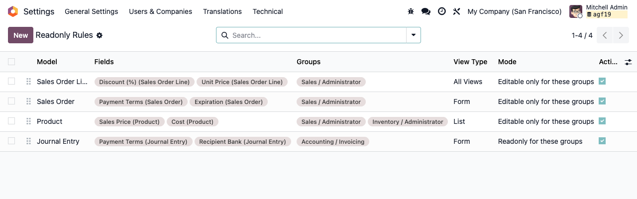 List of readonly rules: model, fields, groups, view type and mode
