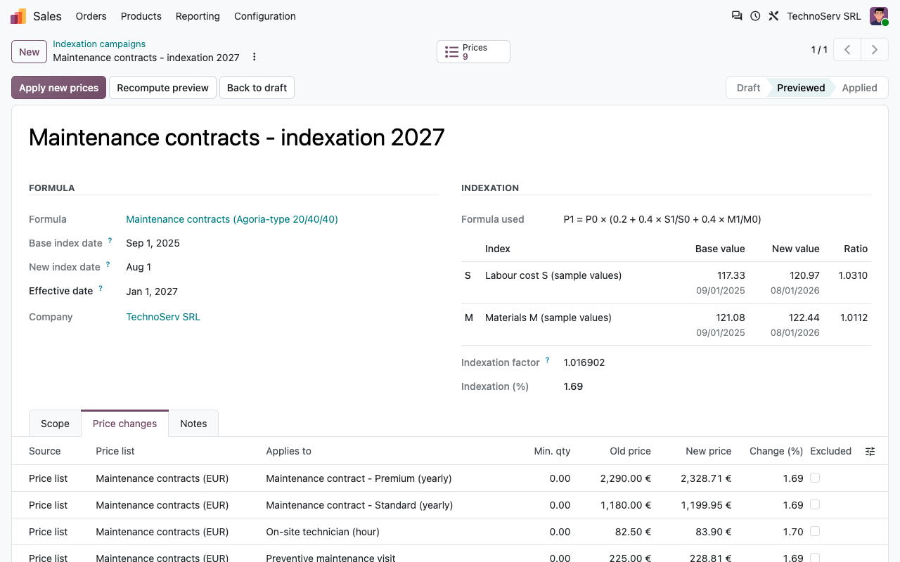 Indexeringscampagne: de formule, de indexwaarden, de indexeringsfactor en de nieuwe prijzen