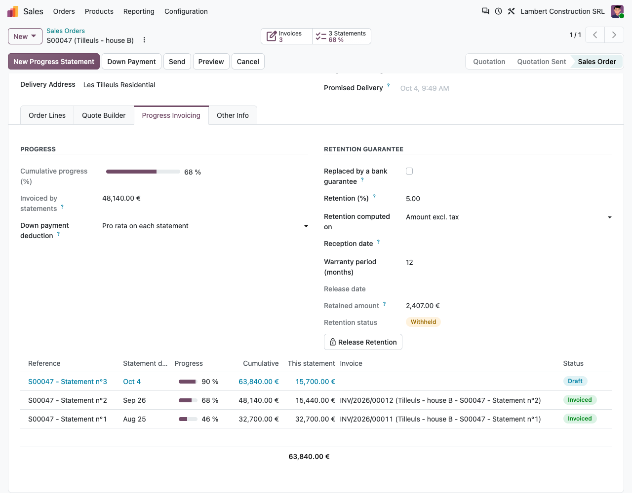 Tabblad Progress Invoicing van de verkooporder: cumulatieve vordering, instellingen van de inhouding, ingehouden bedrag en staten