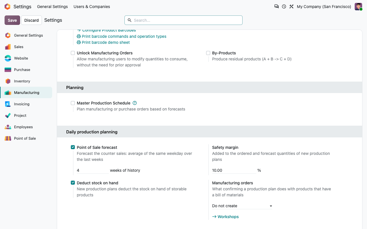 Instellingen van Productie: sectie Dagelijkse productieplanning