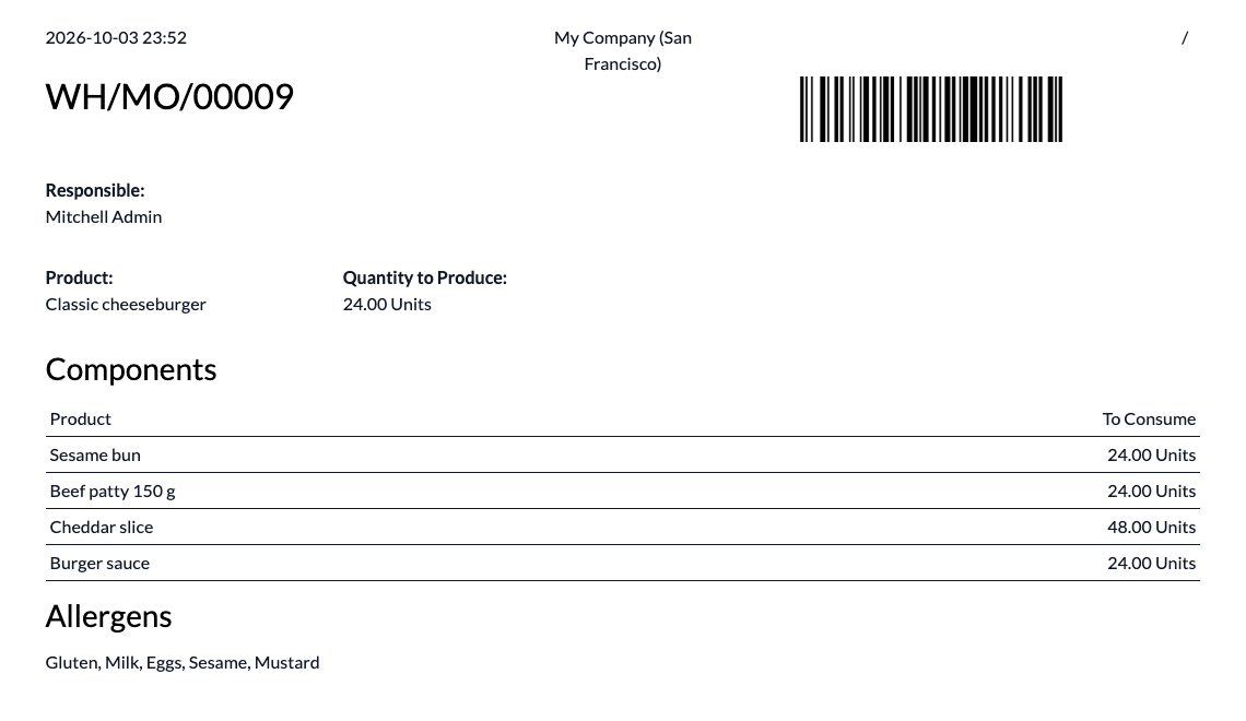 Pdf van de productieorder: sectie Allergenen na de componenten