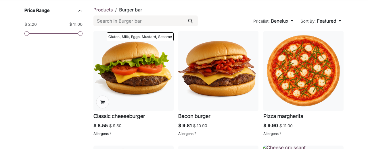 Webshoprooster: de link "Allergenen ?" opent de lijst van allergenen in een pop-up