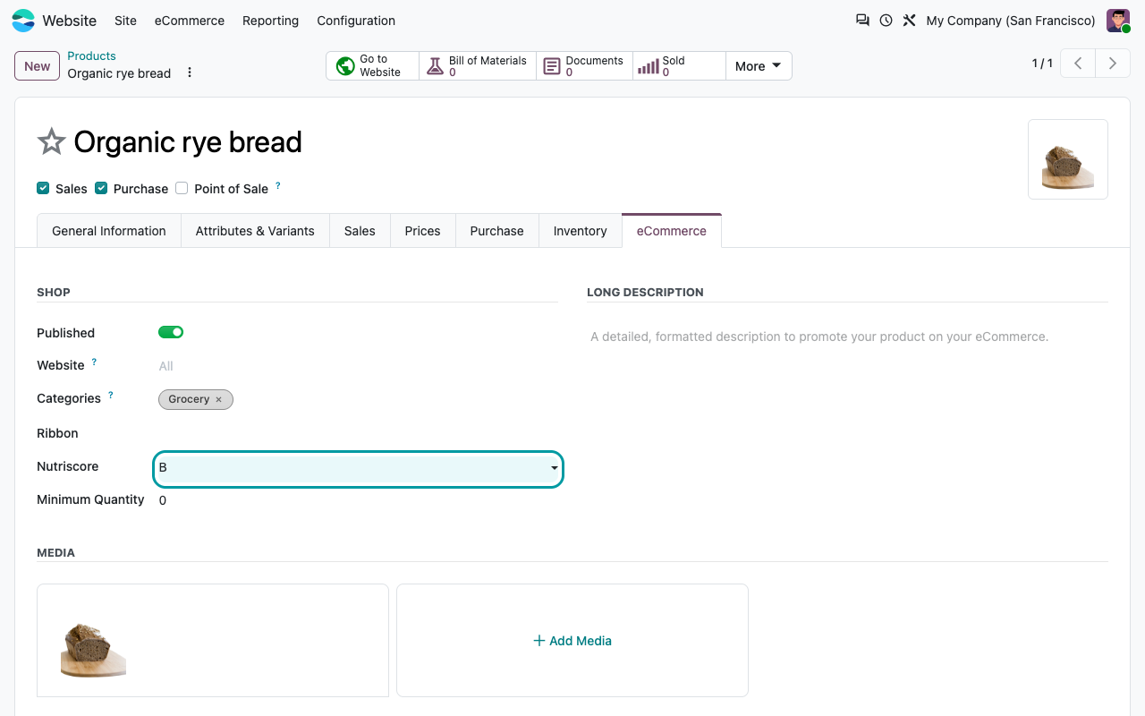 Productformulier, tabblad eCommerce: het veld Nutriscore in de sectie Winkel