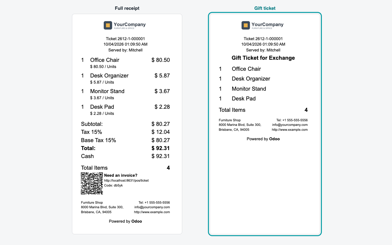 Volledig ticket en cadeaubon van dezelfde kassaorder