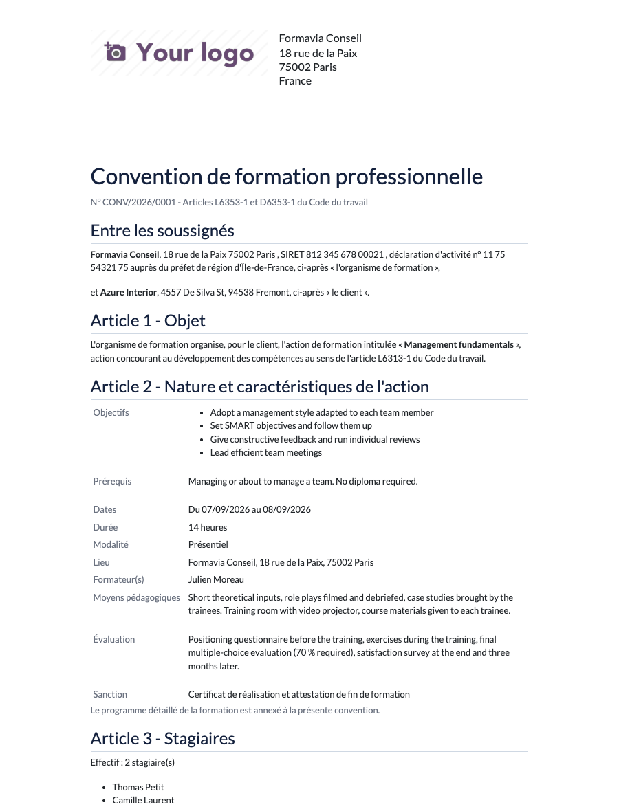 Convention de formation professionnelle (pdf)
