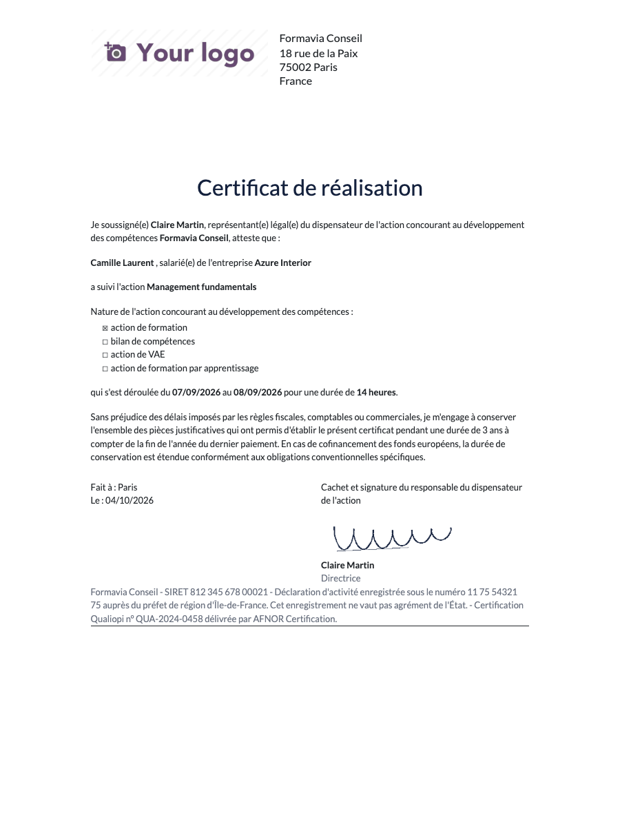 Certificat de réalisation