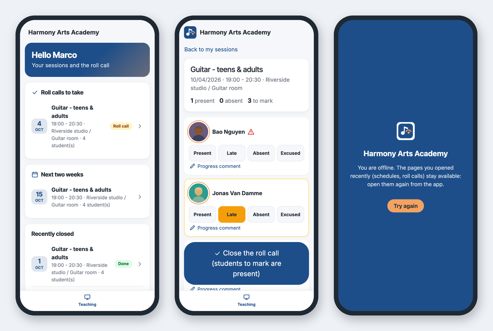 Sessies van de lesgever, aanwezigheden en de offlinepagina van de app