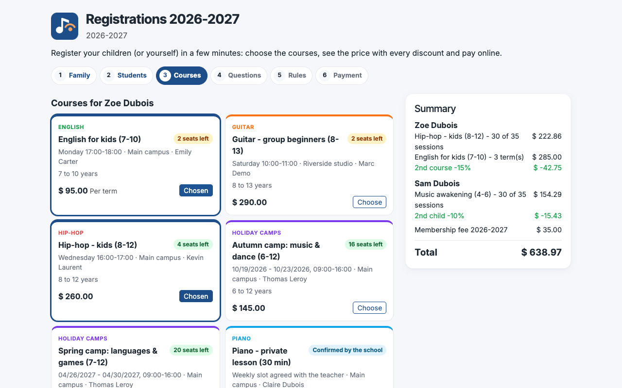 Online inschrijving: lessen gefilterd voor elk kind met de resterende plaatsen en de live prijs