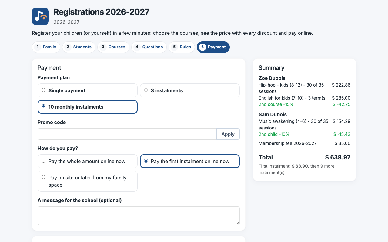Betalingsplan, promocode, betaalkeuze en het prijsoverzicht