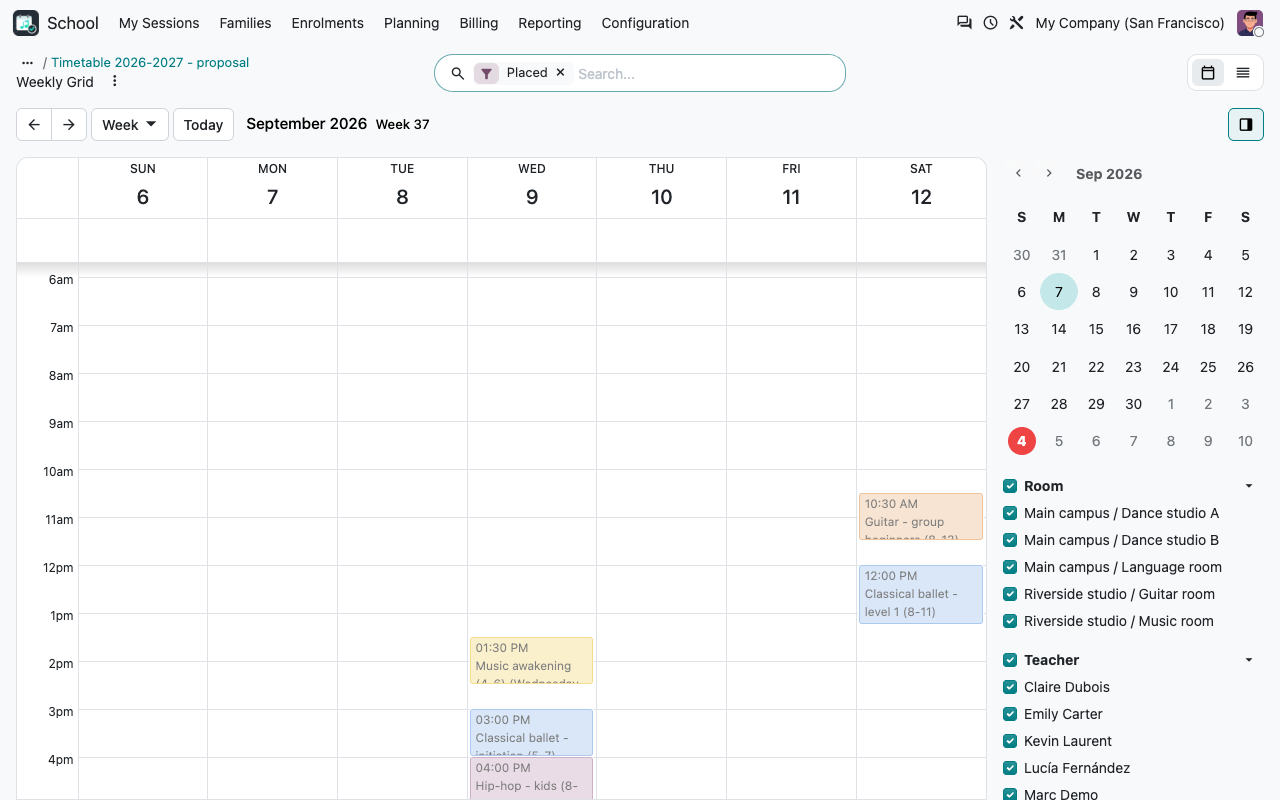 Het voorstel in de kalender, op een referentieweek