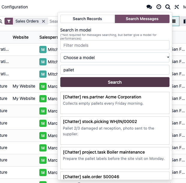 Search Messages: elke notitie die “pallet” vermeldt, ongeacht het document