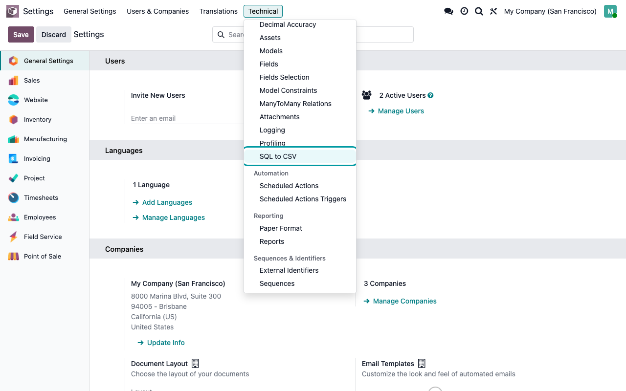 Instellingen, menu Technisch in ontwikkelaarsmodus: Databasestructuur, SQL naar CSV