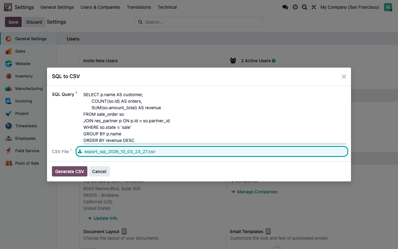 Venster SQL naar CSV: een query op verkooporders en het gegenereerde CSV-bestand, klaar om te downloaden