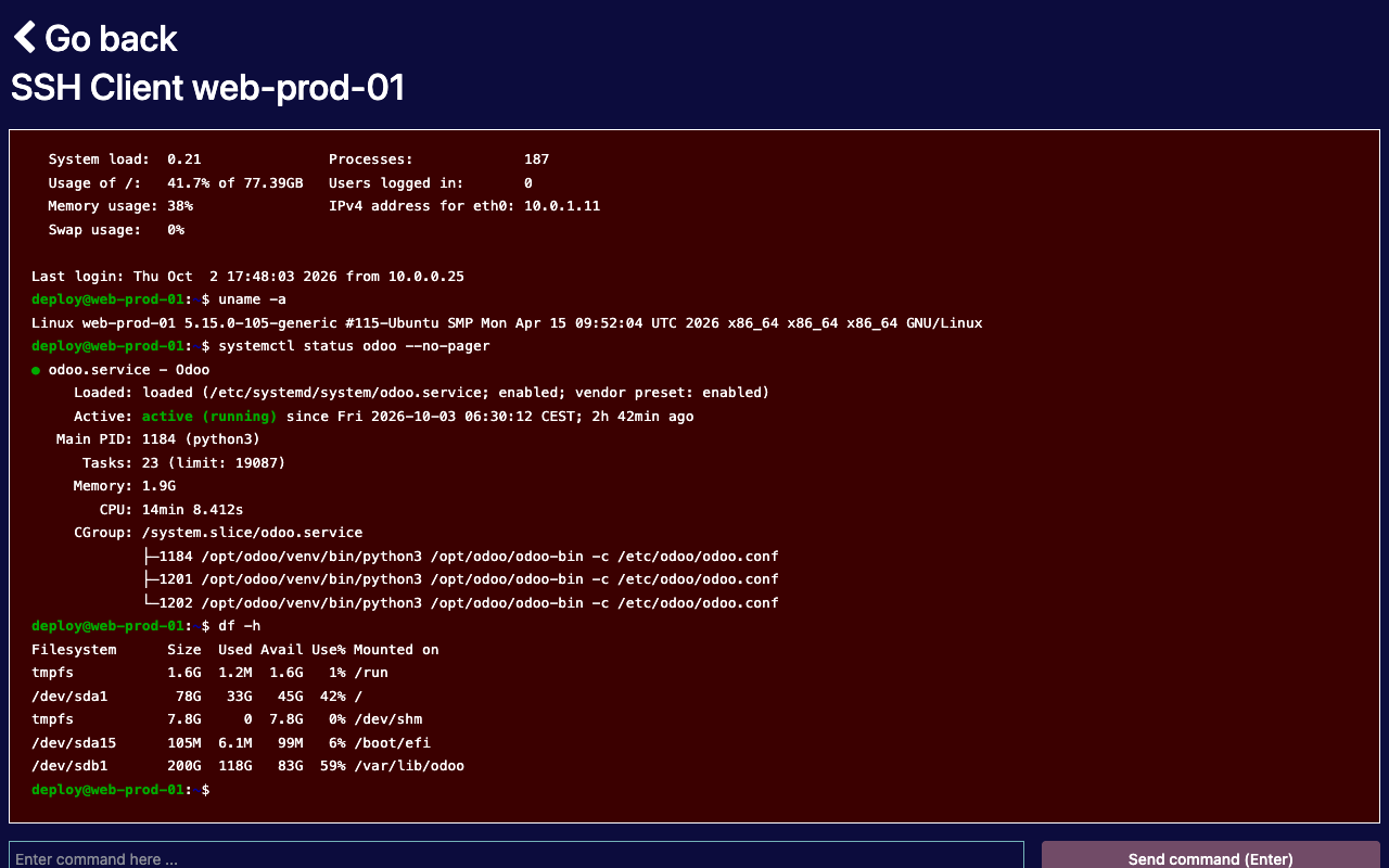 SSH-terminal op volledig scherm in Odoo, verbonden met web-prod-01, met de uitvoer van systemctl en df