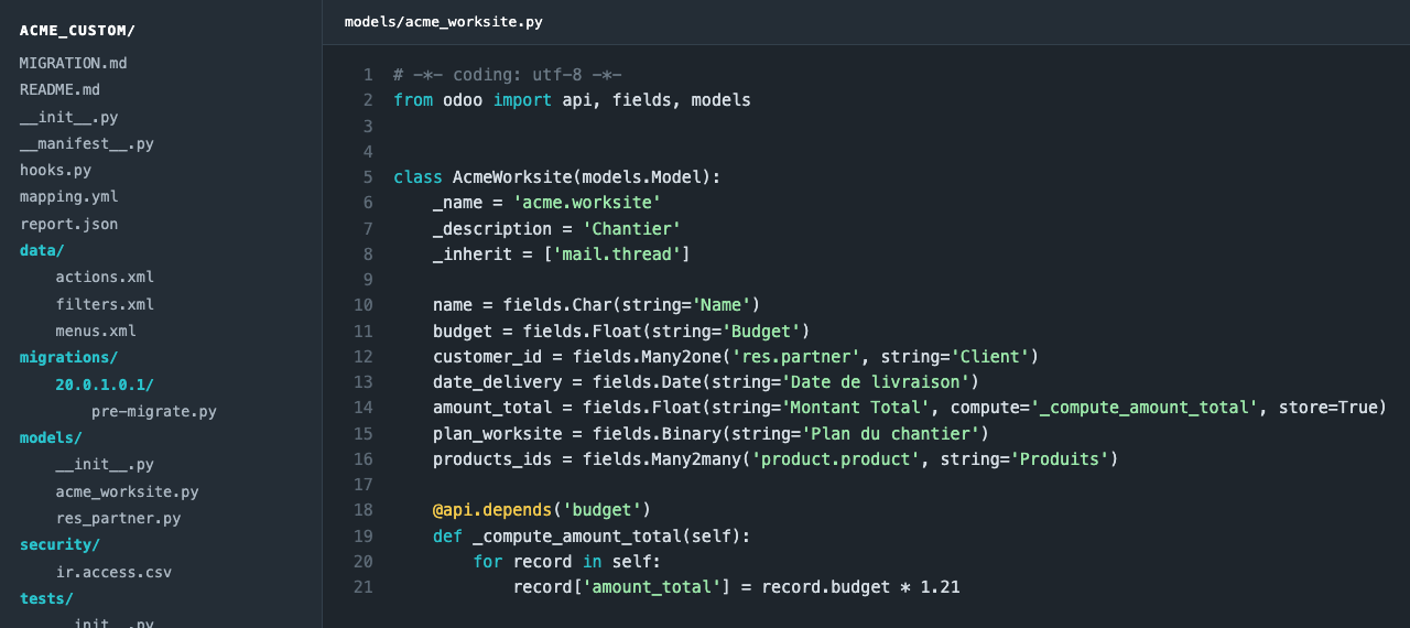 Generated module: file tree and a model class converted from a Studio custom model