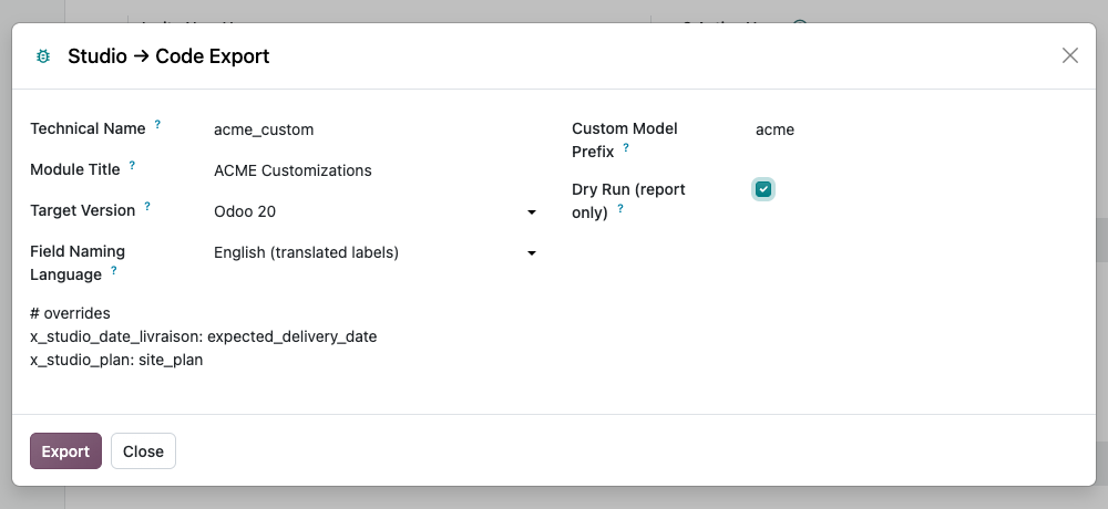 Export wizard: technical name, title, target version, naming language, prefix, mapping and dry run