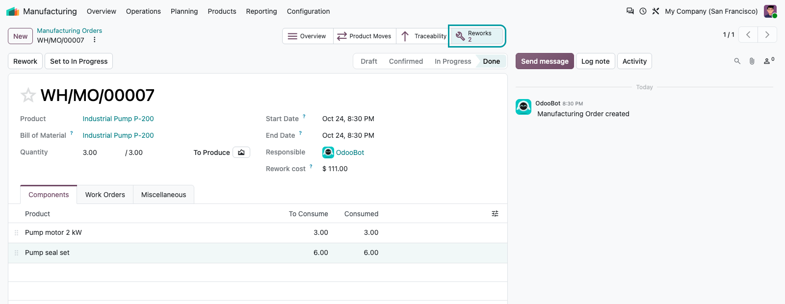 Reworks and rework cost on the manufacturing order